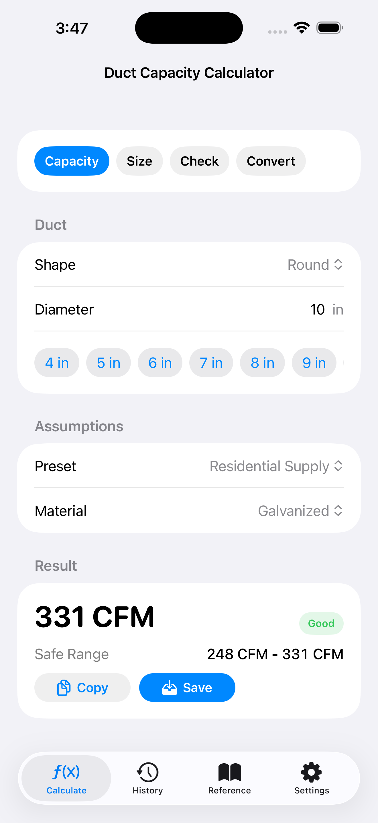Duct Capacity Calculator app screenshot showing a duct capacity calculation.